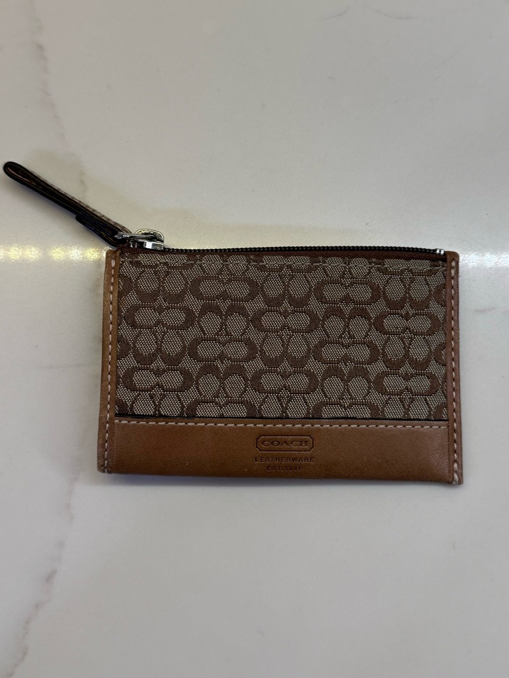 Coach Brown Signature Monogram Zip Card Wallet- Essential ID Card Case -Like New